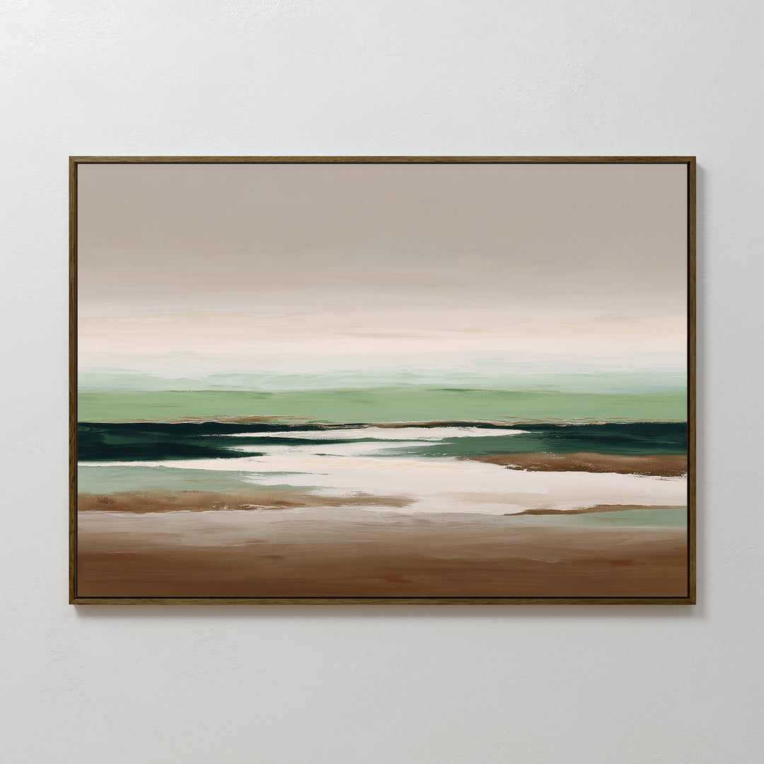 Earthbound Horizon Canvas Art features a serene, abstract landscape in soft beige, brown, green, and white tones. Its minimal, impressionistic style makes it ideal minimalist wall art or large decor for any modern space.