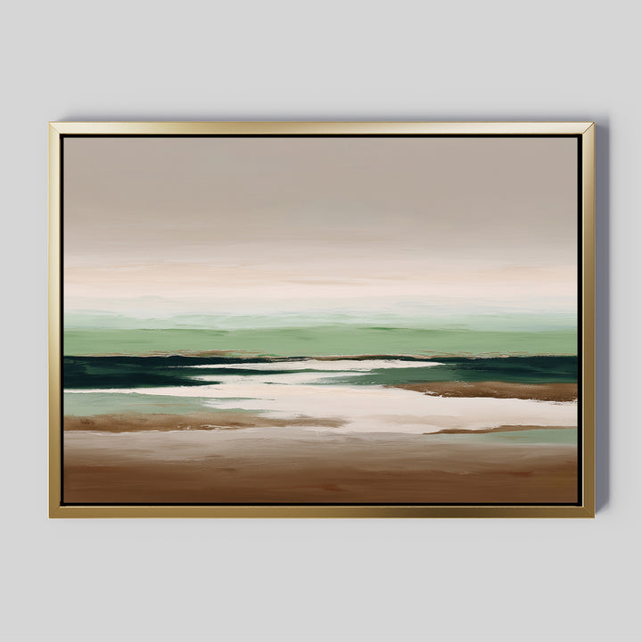 Earthbound Horizon Canvas Art features a serene abstract landscape in soft brown, green, and white tones with a gold frame. This minimalist wall art is perfect as large decor for any modern space, evoking calm through its gentle color blend.