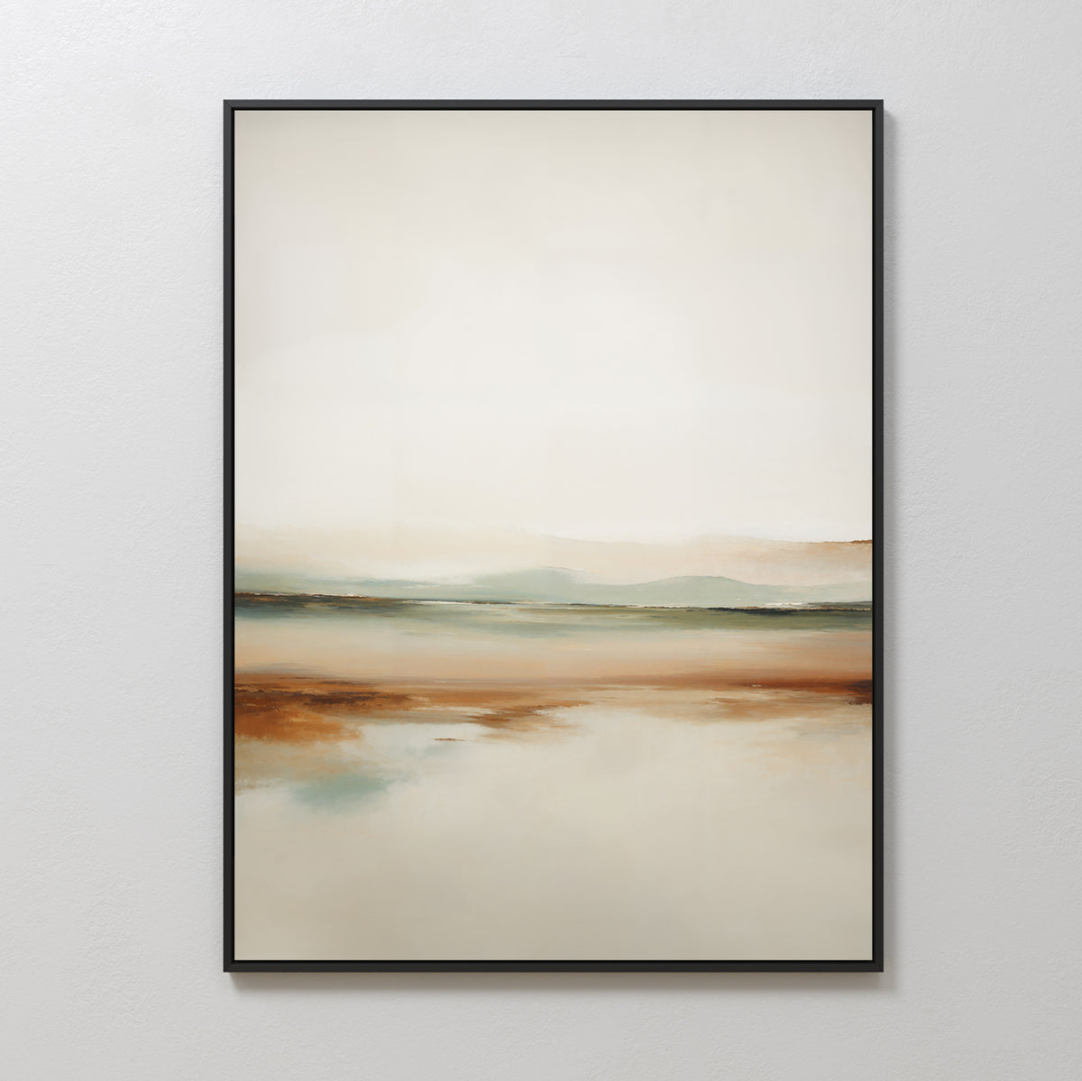 Earthly Hues Abstract Canvas Art features soft, blurred layers of brown, green, and beige. This minimalist modern wall art evokes a serene landscape and adds an elegant touch to any living room decor on a white wall.