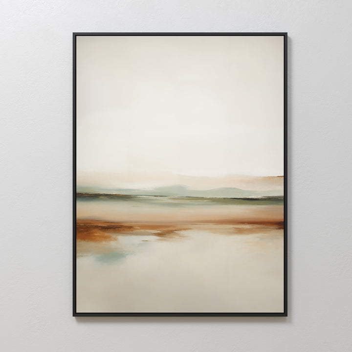 Earthly Hues Abstract Canvas Art features soft, blurred layers of brown, green, and beige. This minimalist modern wall art evokes a serene landscape and adds an elegant touch to any living room decor on a white wall.