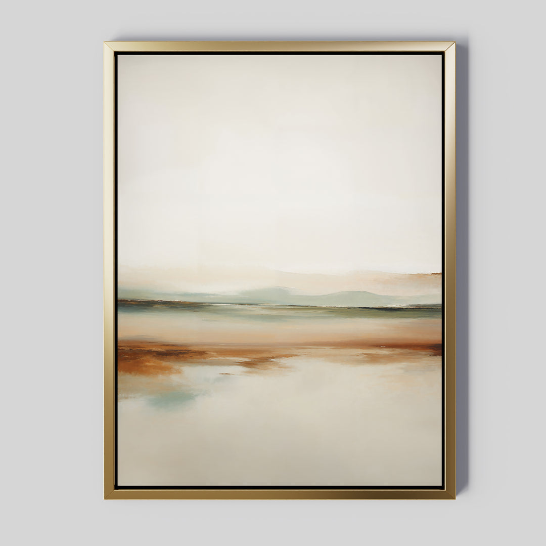 Earthly Hues Abstract Canvas Art features a serene landscape in soft beige, brown, and blue-green tones within a gold frame—perfect modern wall art to enhance your living room decor.