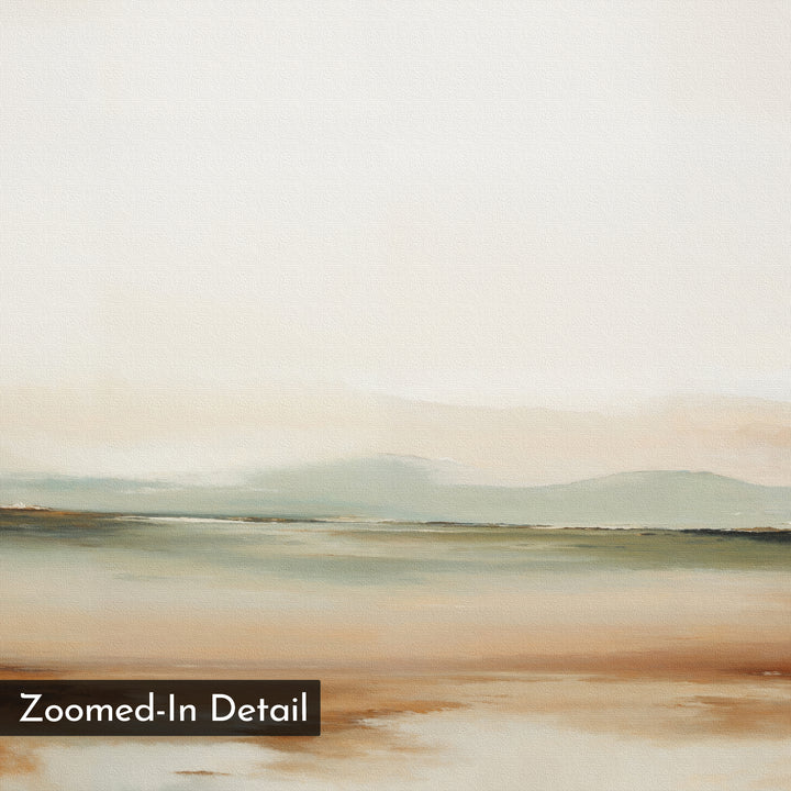 A close-up of Earthly Hues Abstract Canvas Art shows soft earth tones in blurred green, beige, and brown bands beneath a pale sky. "Zoomed-In Detail" text is in the bottom left—ideal modern decor for your living room.