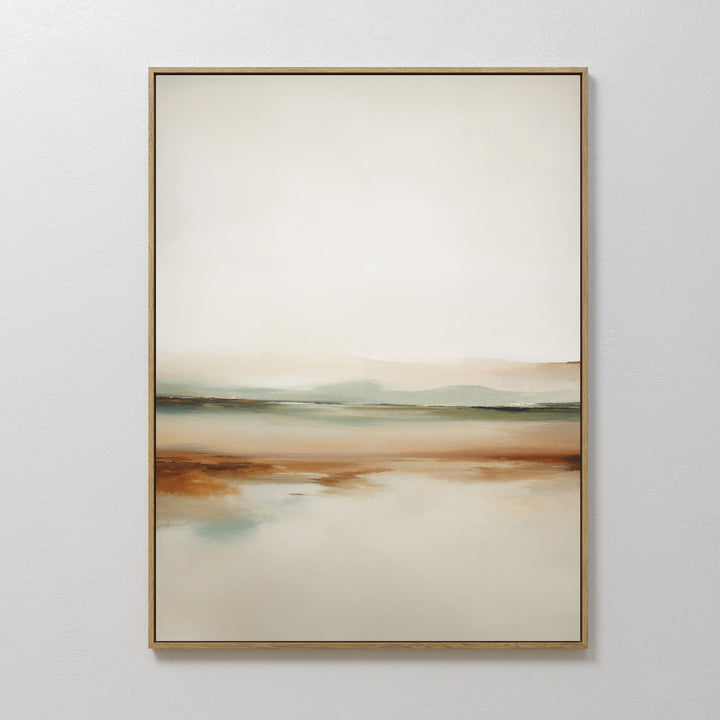 Earthly Hues Abstract Canvas Art features soft blends of brown, beige, green, and blue for a serene look. Framed and ready to hang on a white wall, it’s ideal for enhancing your modern living room decor with minimalist style.