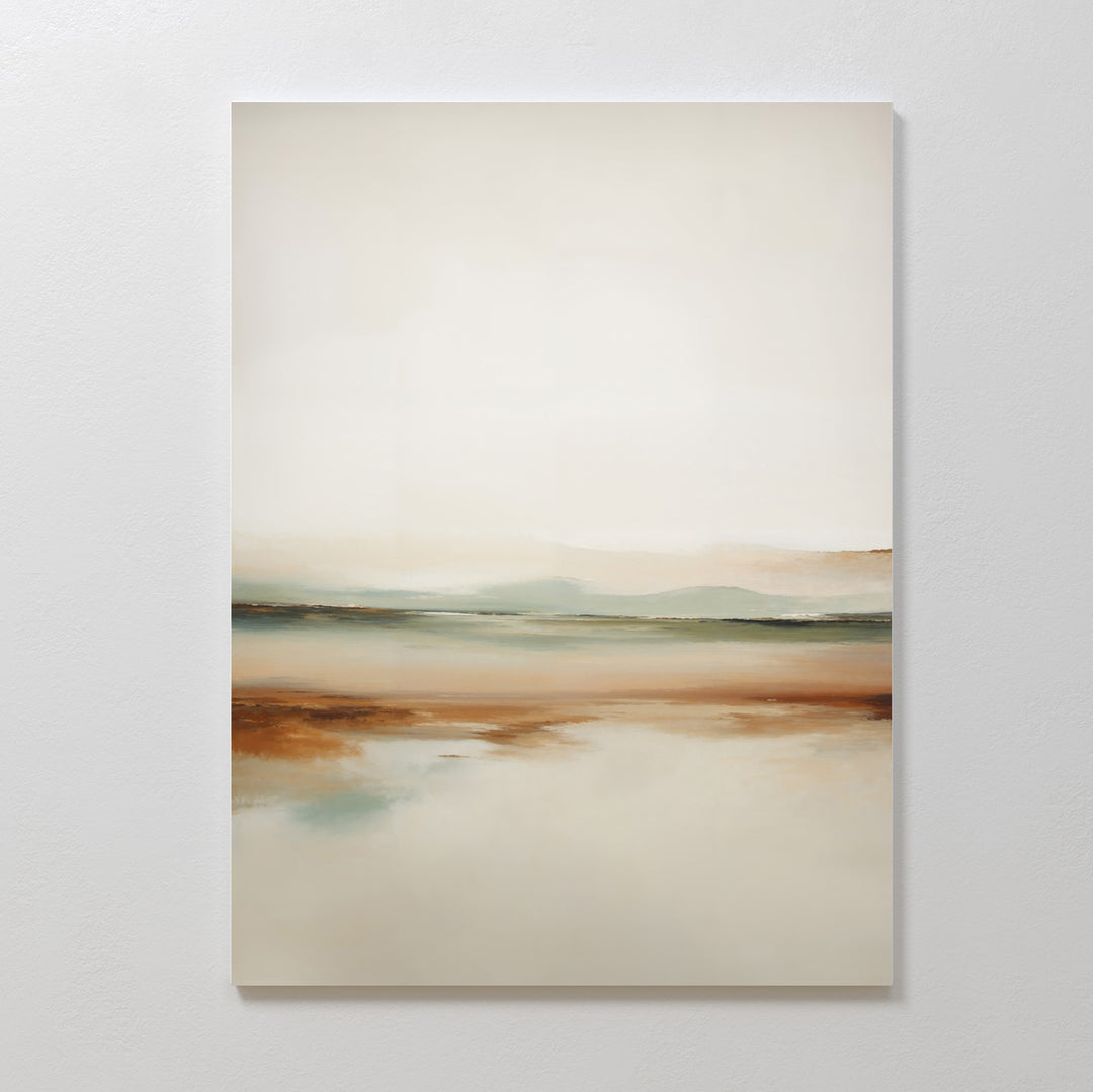 Earthly Hues Abstract Canvas Art features a minimalist design with soft beige, brown, and teal tones, evoking a tranquil landscape. Elegantly displayed on a white wall, it’s ideal for enhancing your living room decor.