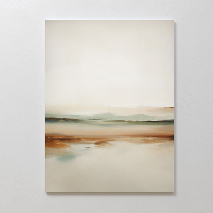 Earthly Hues Abstract Canvas Art features a minimalist design with soft beige, brown, and teal tones, evoking a tranquil landscape. Elegantly displayed on a white wall, it’s ideal for enhancing your living room decor.
