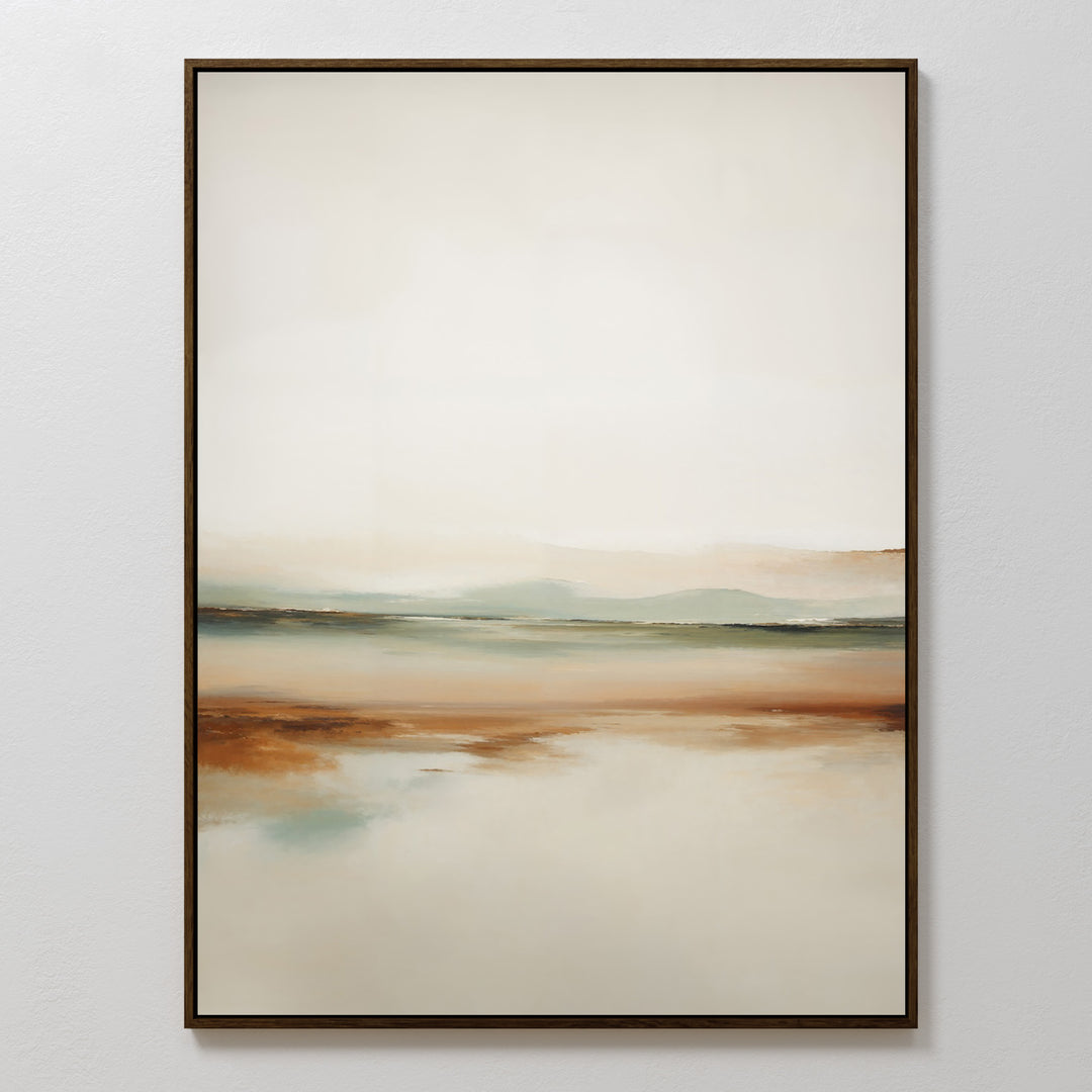 The Earthly Hues Abstract Canvas Art features soft blends of beige, brown, green, and blue, evoking a serene landscape. This modern wall art adds subtle elegance to your living room decor.