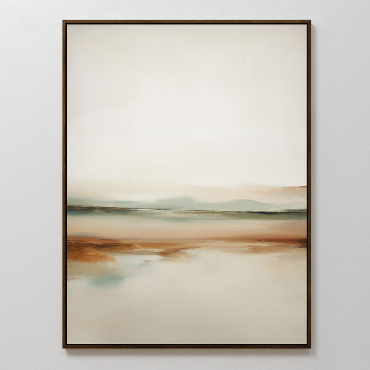 The Earthly Hues Abstract Canvas Art features soft blends of beige, brown, green, and blue, evoking a serene landscape. This modern wall art adds subtle elegance to your living room decor.