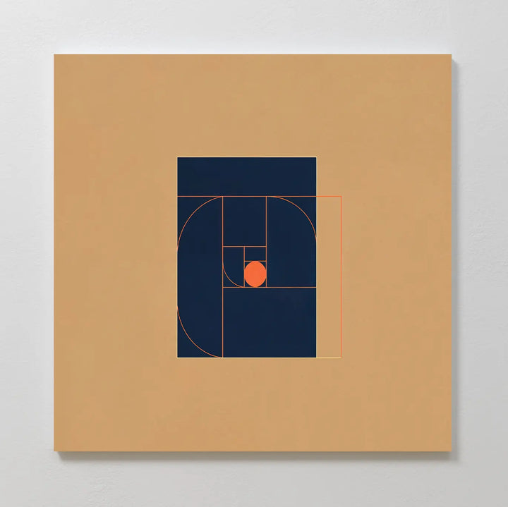 The Ember Point Canvas Art features minimalist geometric spirals and rectangles in navy blue and orange on a tan background, echoing the golden ratio—a stylish addition to any modern living room decor.