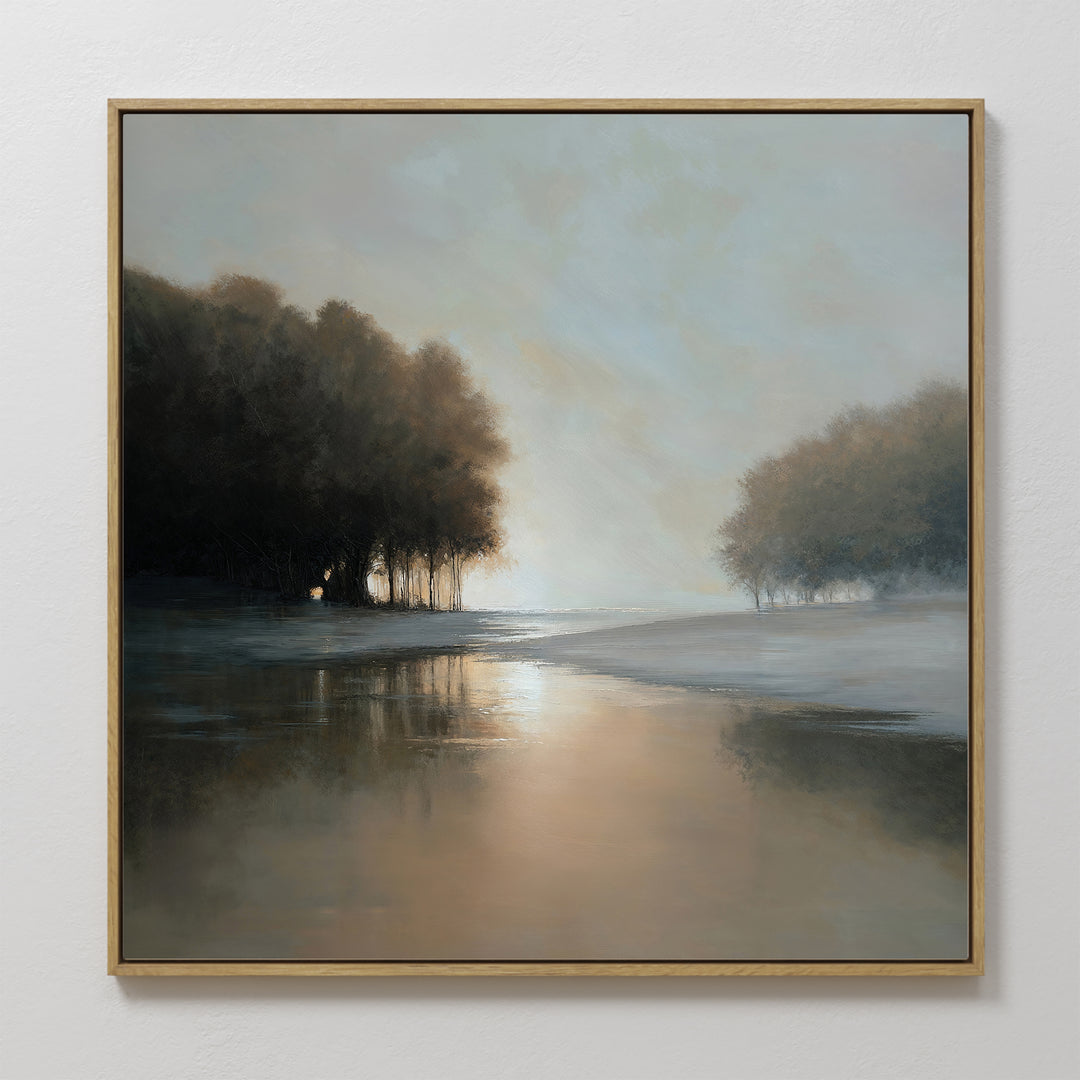 Ember Shore Canvas Art features a serene landscape with trees, calm water, and soft sunlight through mist—an elegant framed wall art print perfect for enhancing your living room decor.