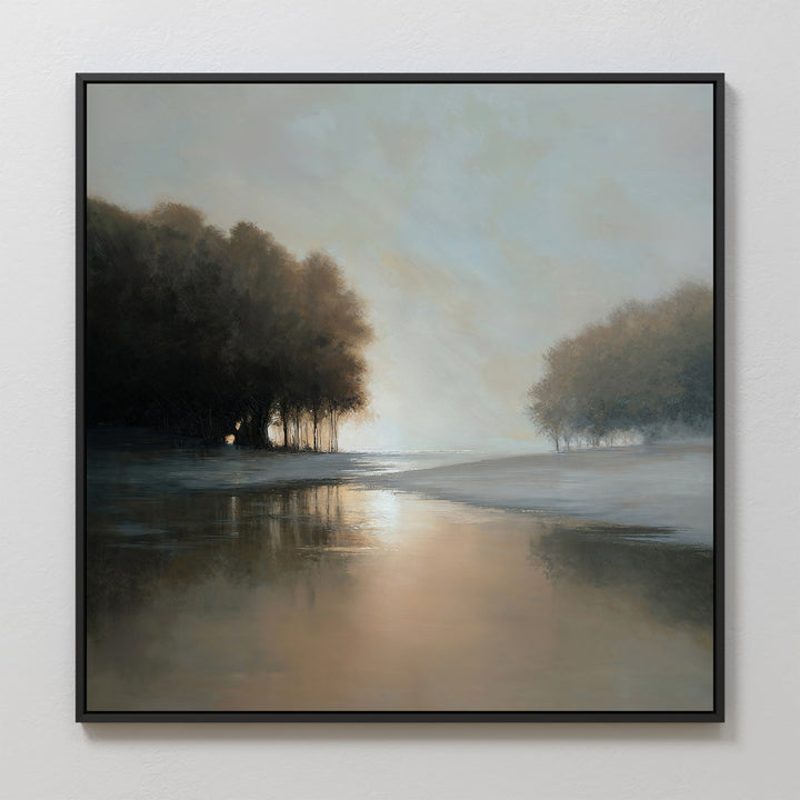 Ember Shore Canvas Art features a tranquil landscape with a reflective river, sunlit sky, and serene trees—a perfect, elegant wall art print to enhance your living room decor with peaceful minimalist charm.