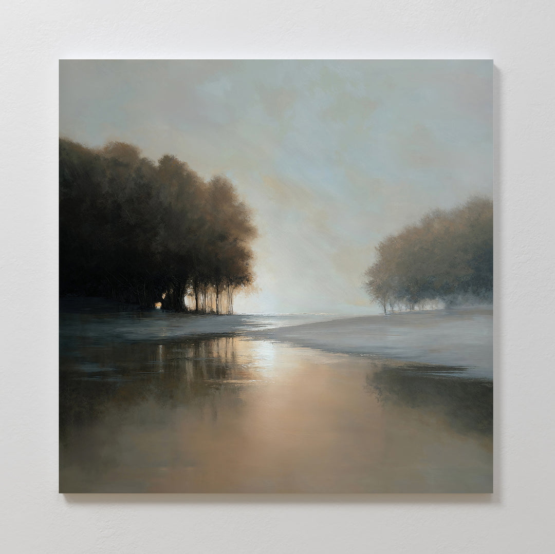 Ember Shore Canvas Art features a peaceful river reflecting a hazy sky, with trees along the banks—an elegant wall art print that adds tranquility and style to your living room decor.