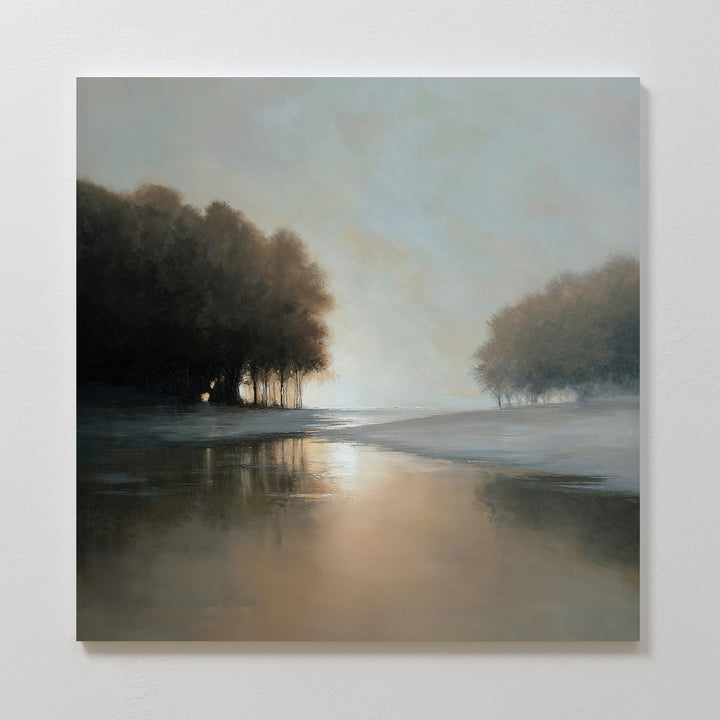 Ember Shore Canvas Art features a peaceful river reflecting a hazy sky, with trees along the banks—an elegant wall art print that adds tranquility and style to your living room decor.