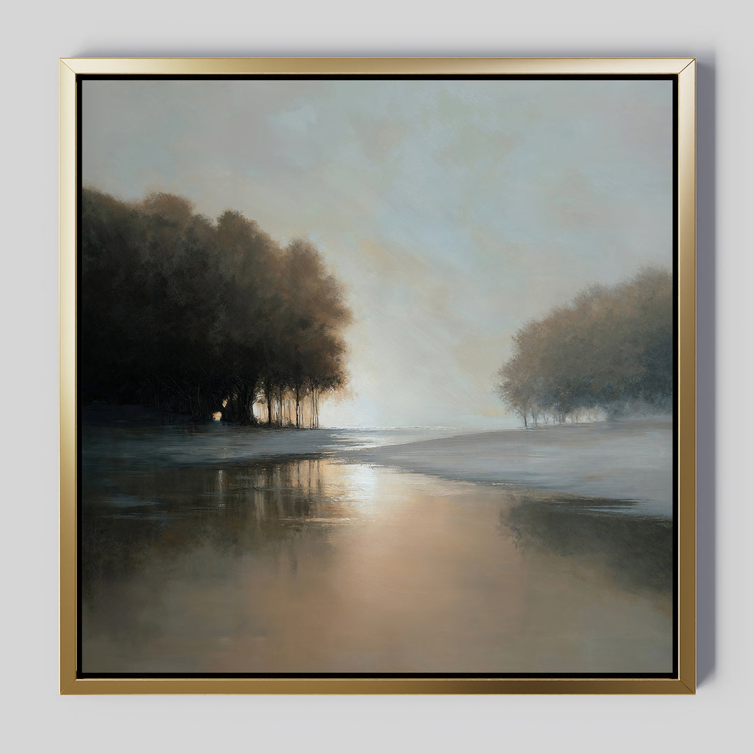 Bring serenity to your space with the Ember Shore Canvas Art—a framed minimalist print featuring calm waters at sunrise or sunset, flanked by trees and soft light—perfect for adding peaceful living room decor and a tranquil vibe.
