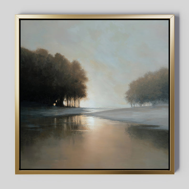 Bring serenity to your space with the Ember Shore Canvas Art—a framed minimalist print featuring calm waters at sunrise or sunset, flanked by trees and soft light—perfect for adding peaceful living room decor and a tranquil vibe.