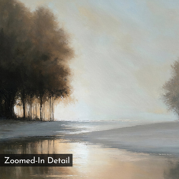 The Ember Shore Canvas Art features a serene landscape with a reflective water surface, tall trees on the left, and sunlight through mist. "Zoomed-In Detail" is overlaid at the bottom left—ideal minimalist wall art for living room decor.