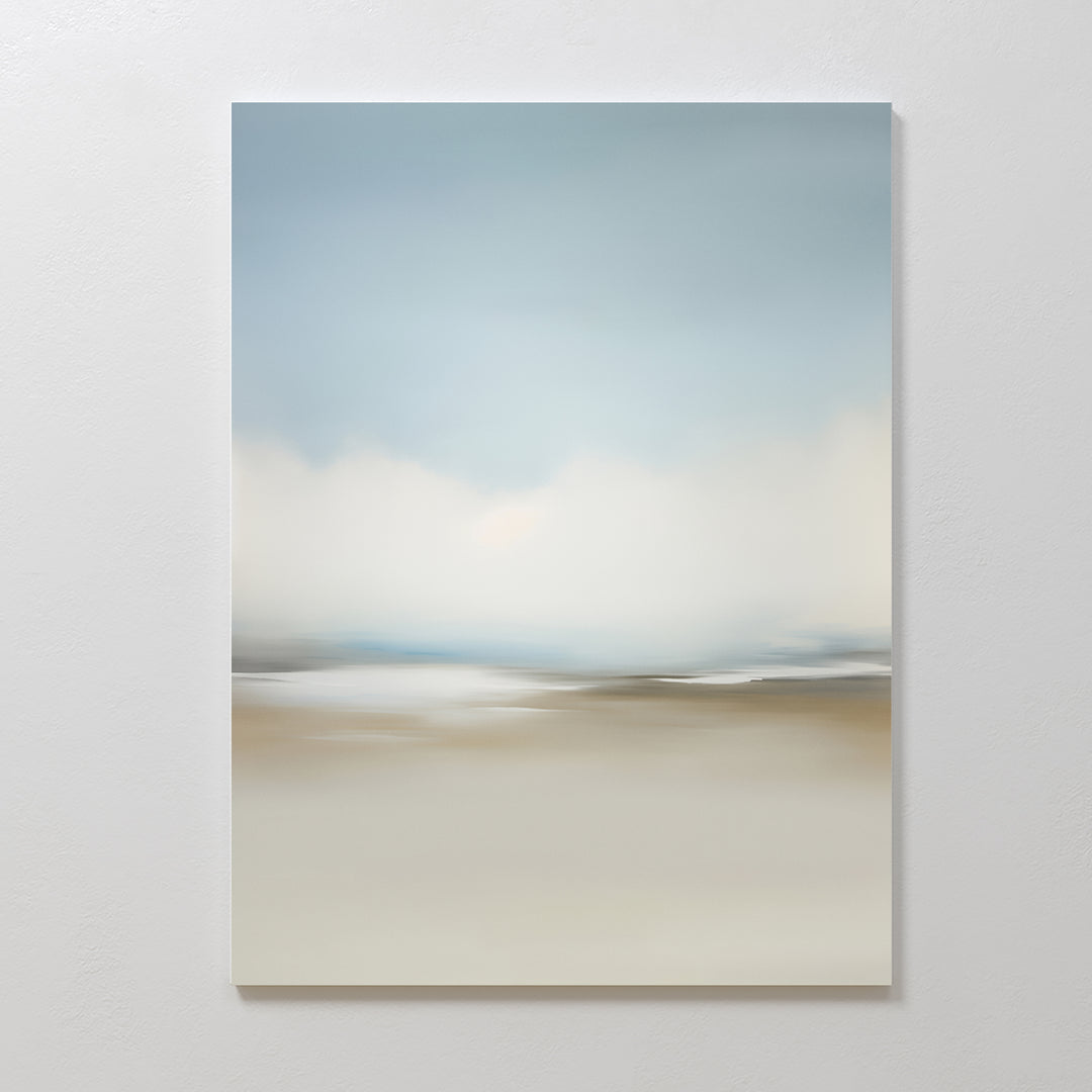 Faded Silence Canvas Art features soft, blurred tones of blue, white, and beige in a minimalist abstract landscape—ideal modern wall decor to bring a calm, serene atmosphere to any room.