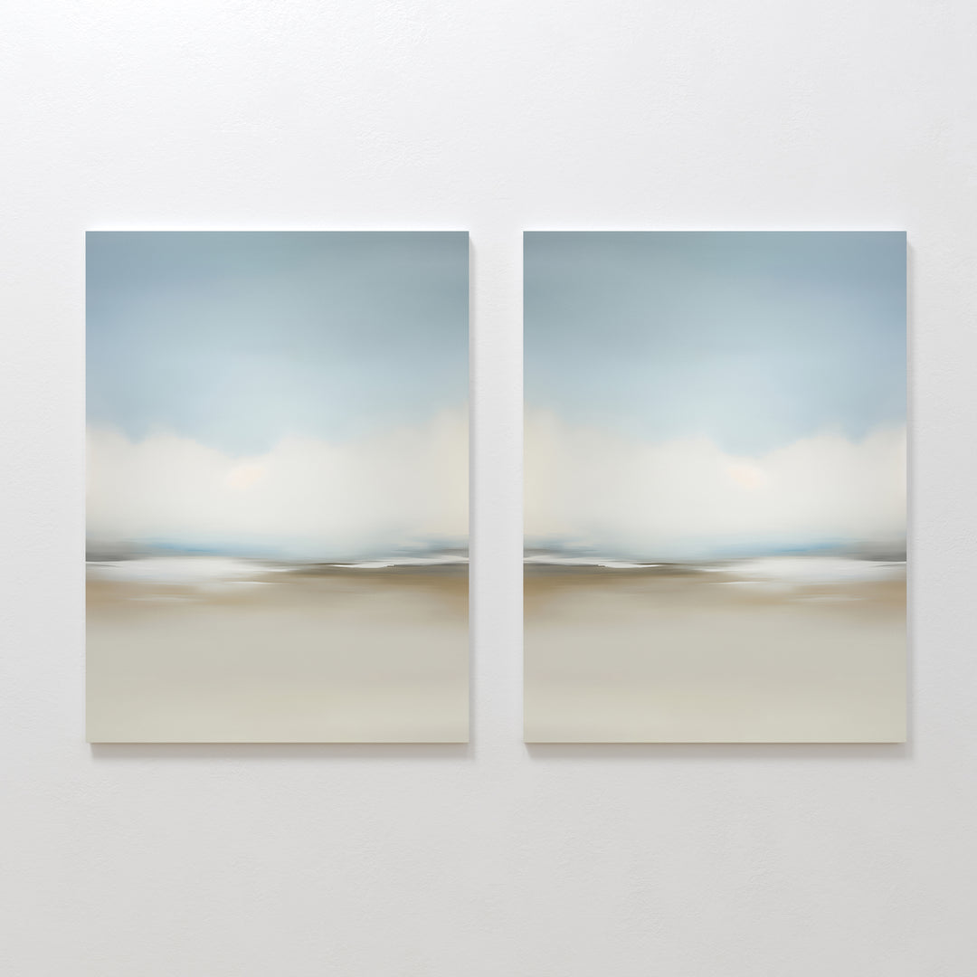 The Faded Silence Set of 2 features abstract paintings with soft blue, white, and beige tones, creating a calming effect—ideal minimalist wall art for modern decor.