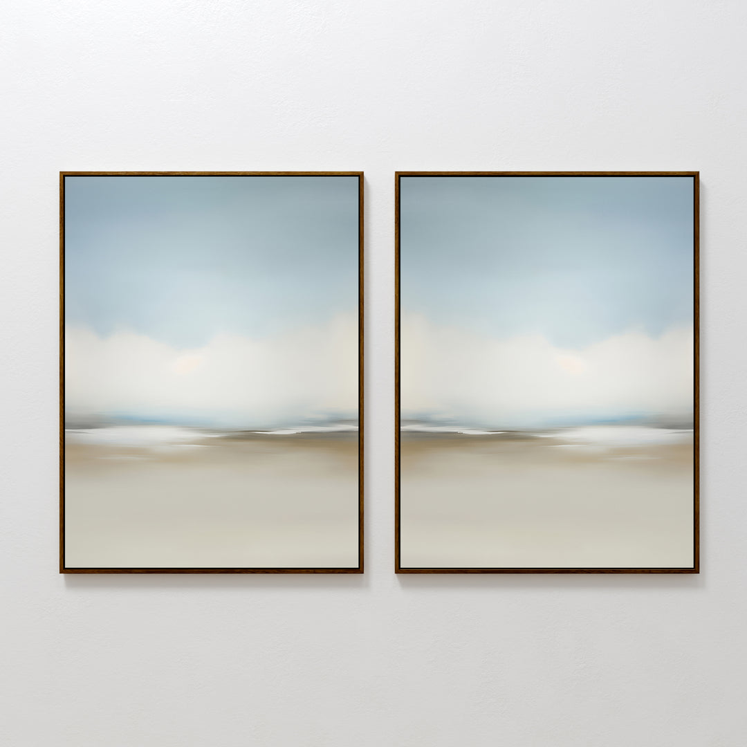 The Faded Silence Set of 2 features framed abstract wall art in soft, blurred blue and beige tones, hanging side by side to create a calm, minimalist vibe—perfect for modern decor.