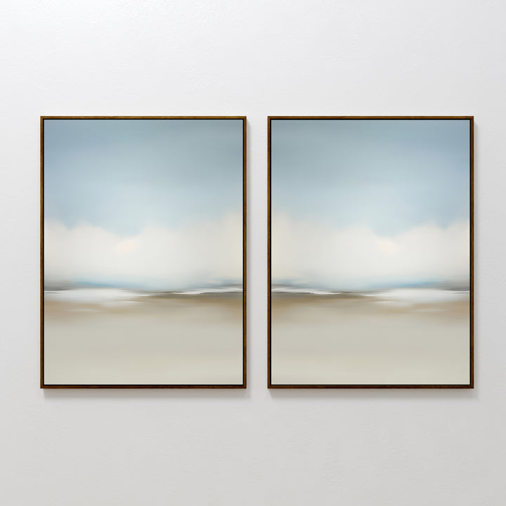 The Faded Silence Set of 2 features framed abstract wall art in soft, blurred blue and beige tones, hanging side by side to create a calm, minimalist vibe—perfect for modern decor.
