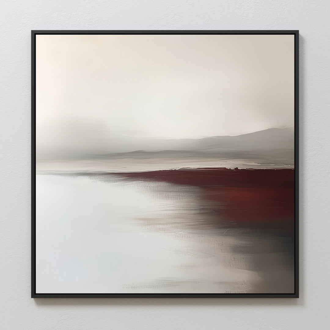 Fading Light Canvas Art features a minimalist landscape with soft, blurred beige, white, and deep red tones. This abstract shoreline scene evokes tranquility—ideal calming wall art for living room decor.