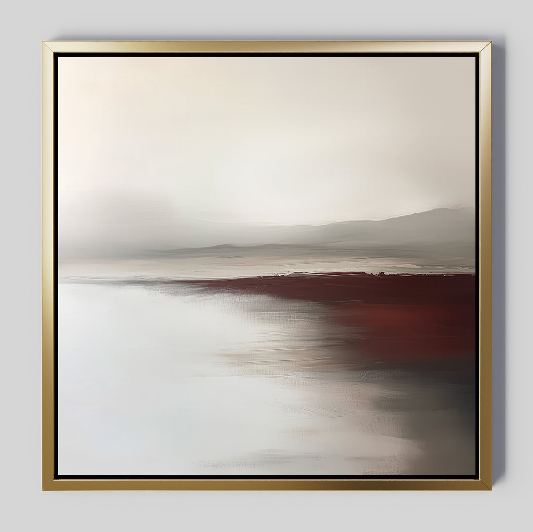 Fading Light Canvas Art presents a minimalist abstract landscape in a gold frame, with soft muted tones, gentle hills, a reddish-brown strip of land, and pale blurred reflections—perfect for elegant living room decor.