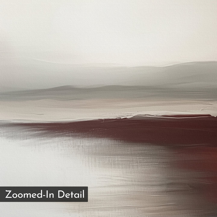 Fading Light Canvas Art features soft, blended brushstrokes in white, gray, and deep brown, evoking a misty landscape. Minimalist wall art, ideal for living room decor. A corner label reads “Zoomed-In Detail.”.