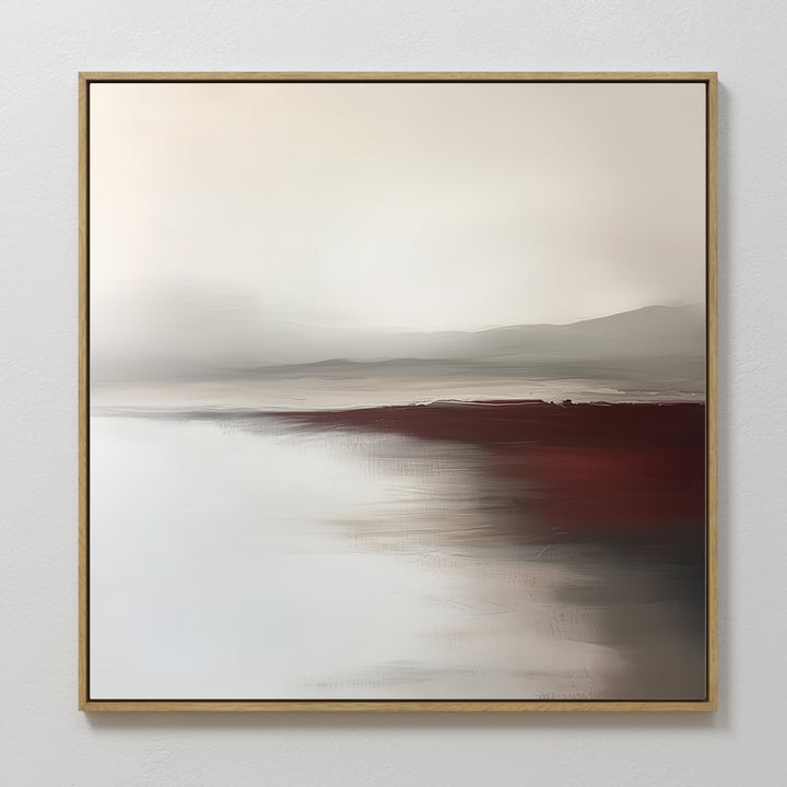 Fading Light Canvas Art features a minimalist abstract design with soft beige, gray, and off-white tones accented by deep burgundy and brown. Framed in thin gold, its perfect landscape wall art for serene living room decor.