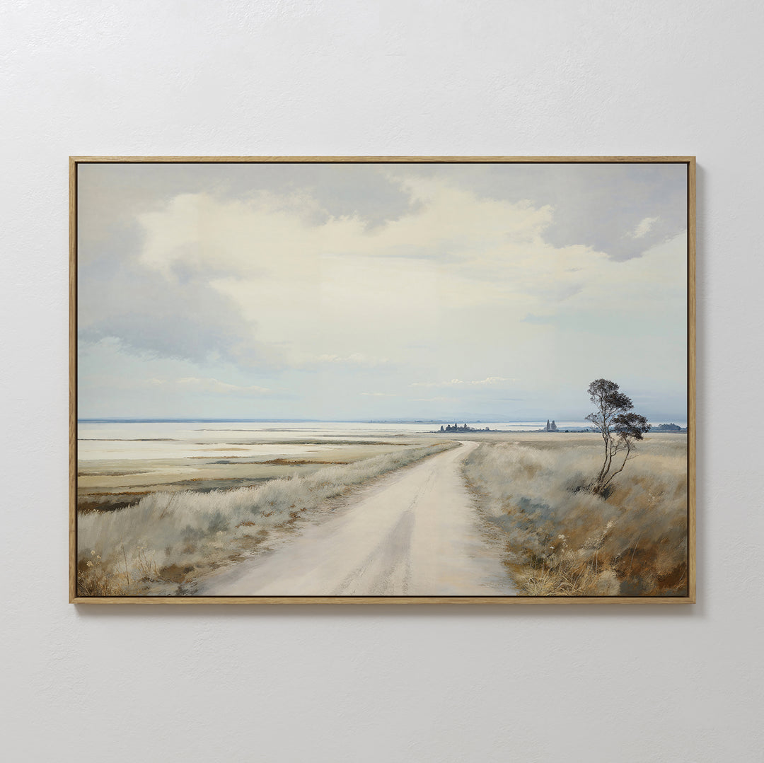Far Light Canvas Art features a rural landscape with a dirt road, grassy fields, distant buildings, and a single tree under a cloudy sky. Its soft, muted colors make it ideal for minimalist decor and evoke calm simplicity.