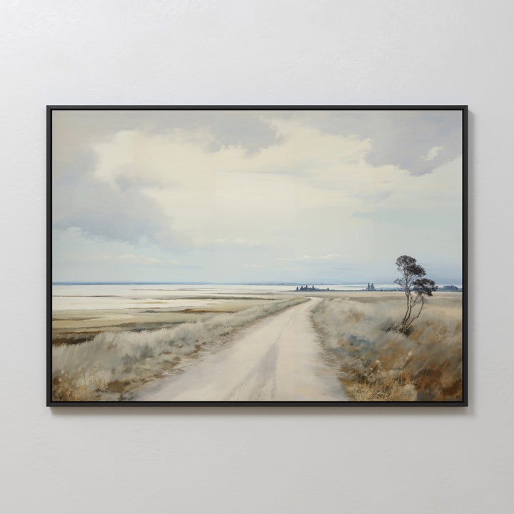 Far Light Canvas Art: Framed canvas with a dirt road winding through grassy fields beneath a cloudy sky; minimalist wall art featuring subtle trees and distant buildings—ideal for modern decor.