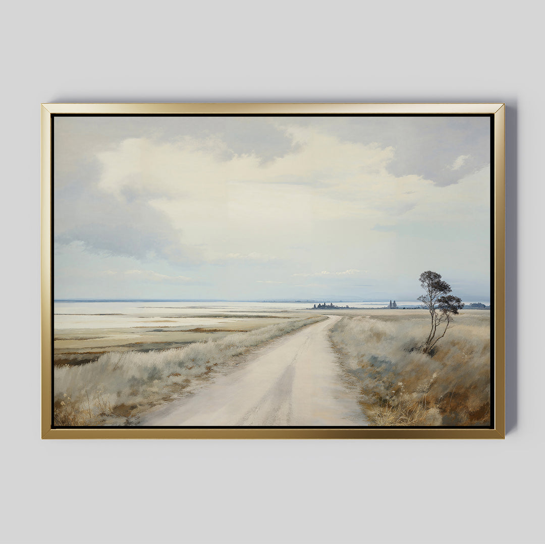 Far Light Canvas Art: A framed painting of a rural landscape with a dirt road, grassy fields, sparse trees, and a broad cloudy sky—an ideal choice for minimalist decor in any space.