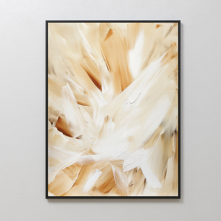 The Feathered Touch Abstract Canvas Art features broad brushstrokes in warm beige, tan, and white tones. This elegant piece includes a thin black border and adds a light, airy feel to any room when hung on a plain white wall.