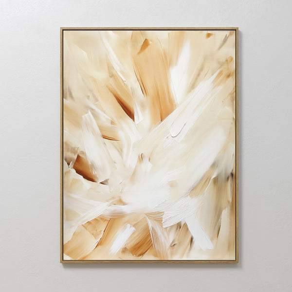 The Feathered Touch Abstract Canvas Art features broad, sweeping brushstrokes in beige, cream, and white for a soft, textured look. This framed wall art print adds elegance to your home decor and is shown on a plain light-colored wall.