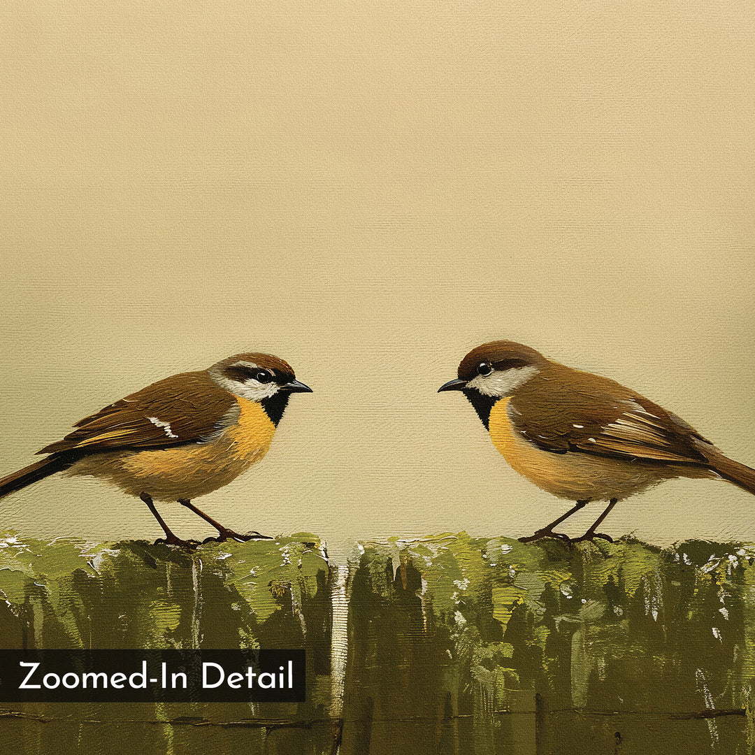 Fence Companions Canvas Art features two brown and yellow birds facing each other on a mossy, weathered wooden fence, with a warm beige background and “Zoomed-In Detail” text—perfect for rustic or cozy bedroom decor.