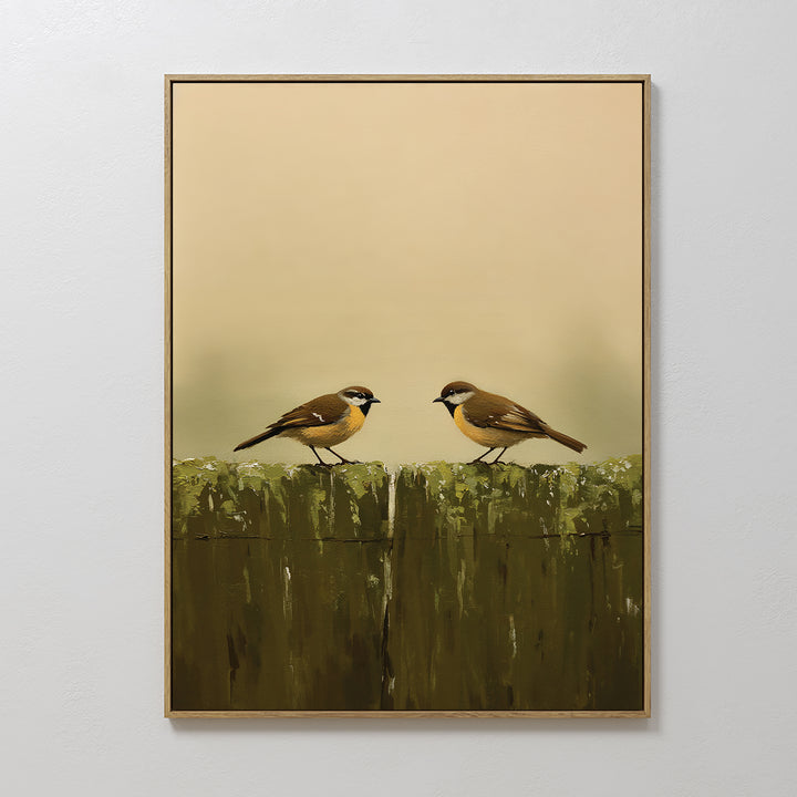 Fence Companions Canvas Art displays two small brown birds with white and yellow markings perched on a mossy green fence, set against a soft beige background—perfect for adding Nordic Park charm to rustic bedroom decor.