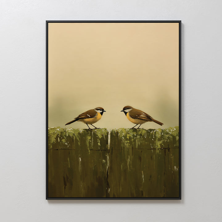 Fence Companions Canvas Art features two small brown birds with white markings on a weathered fence, set against a soft beige background—ideal for bringing Nordic Park charm to your rustic bedroom decor.