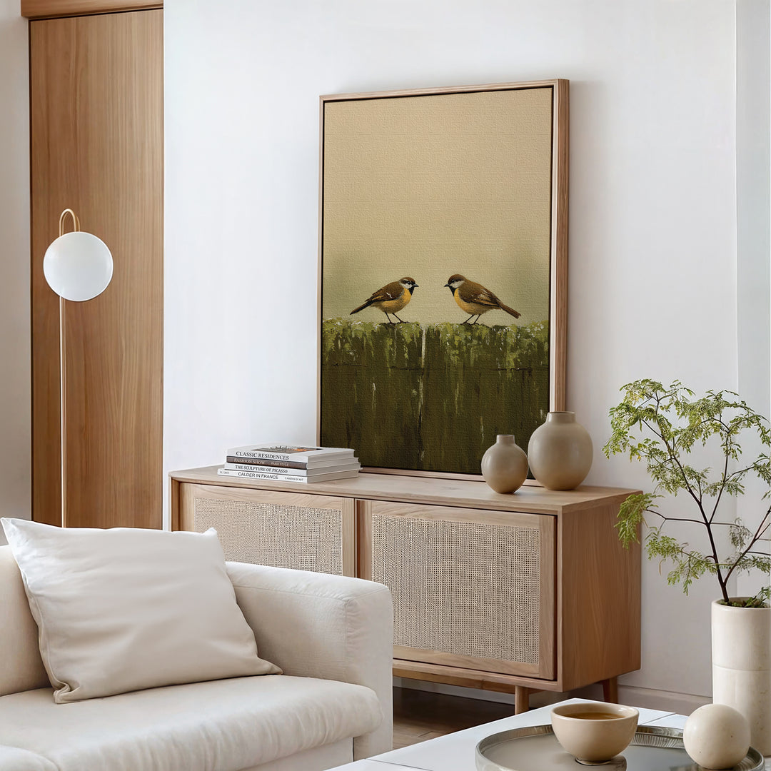 A minimalist living room with a light wood sideboard, beige vases, stacked books, the Fence Companions Canvas Art featuring two birds, a white sofa with cushions, and a small green plant on a round coffee table.