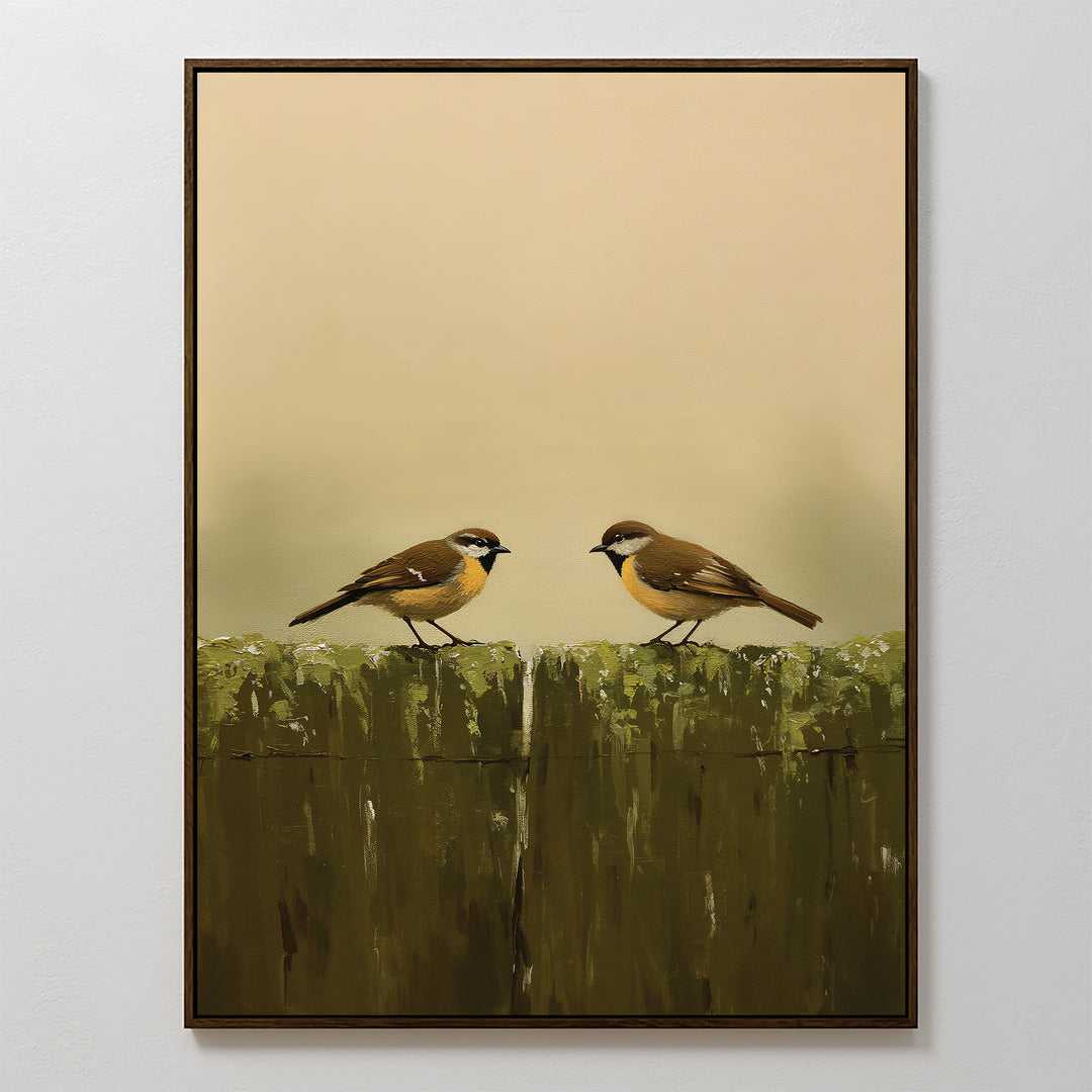 Fence Companions Canvas Art features two small brown birds with white markings facing each other on a mossy green fence against a soft beige background—an ideal accent for your rustic bedroom decor.