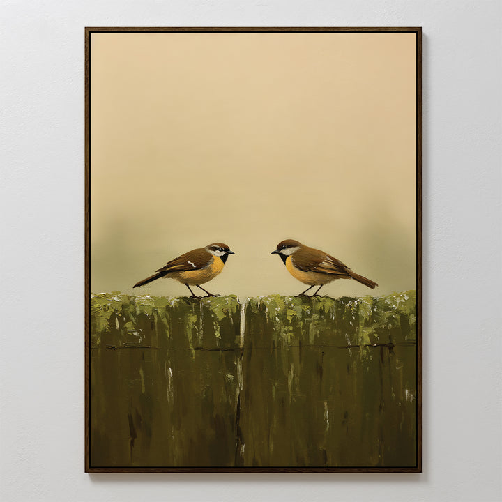 Fence Companions Canvas Art features two small brown birds with white markings facing each other on a mossy green fence against a soft beige background—an ideal accent for your rustic bedroom decor.