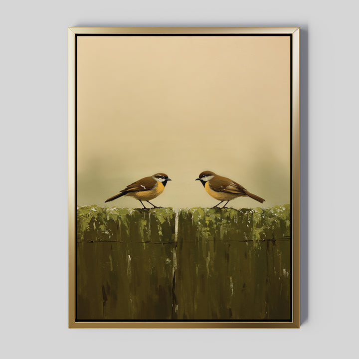 The Fence Companions Canvas Art features two small brown birds with yellow chests perched on a weathered wooden fence, ideal for adding rustic charm to your bedroom decor with its soft beige background.