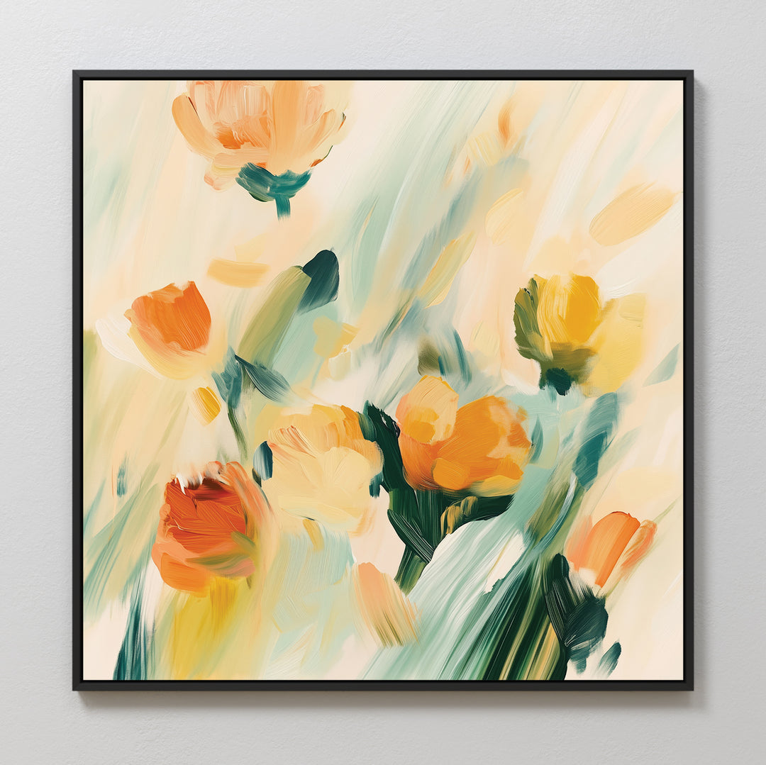 Field Of Gold Canvas Art features abstract floral designs in orange, yellow, and green with soft brushstrokes, framed in black—a stylish choice for modern living room decor.