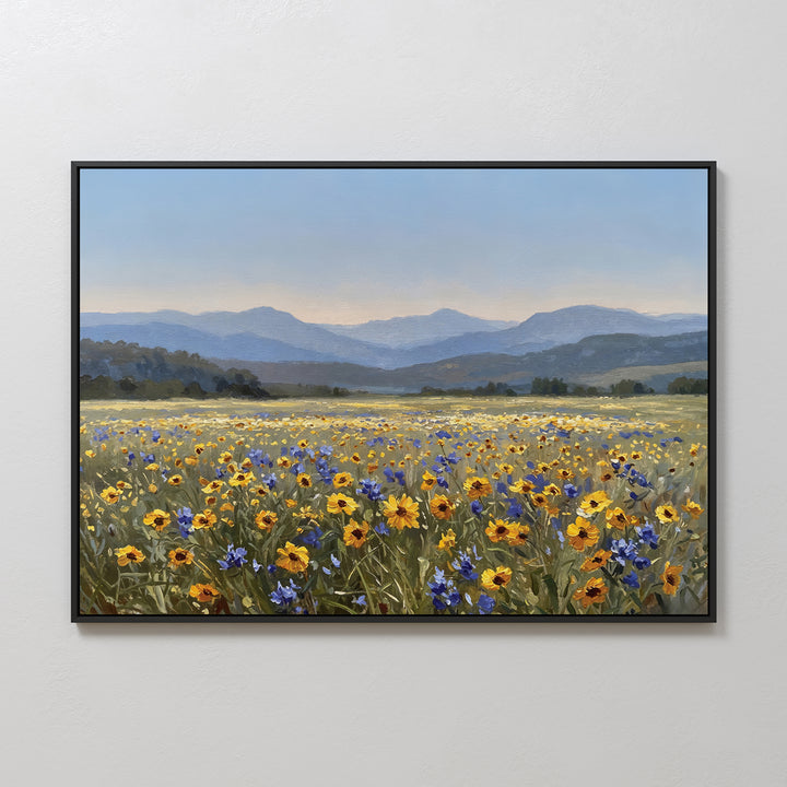 The Fields of Color Canvas Art features yellow and purple wildflowers beneath a blue sky, with rolling green hills and distant mountains—an ideal addition to modern home decor.