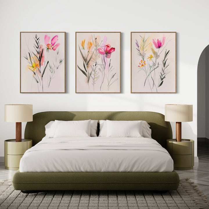 A modern bedroom features a green upholstered bed, white bedding, beige nightstands with matching lamps, and the Floral Harmony Set of 3 above the bed for a fresh touch.
