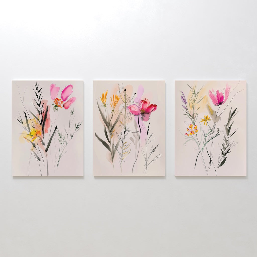 The Floral Harmony Set of 3 displays abstract wildflowers in pink, yellow, and red on canvas, arranged side by side. These minimalistic floral pieces are ideal as modern living room decor.
