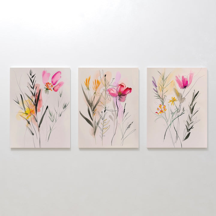 The Floral Harmony Set of 3 displays abstract wildflowers in pink, yellow, and red on canvas, arranged side by side. These minimalistic floral pieces are ideal as modern living room decor.