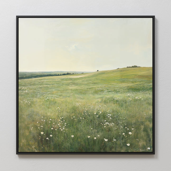 Floral Meadow Canvas Art features a sunlit grassy meadow with wildflowers, rolling hills, and a soft sky—an ideal wall decor piece for your living room.