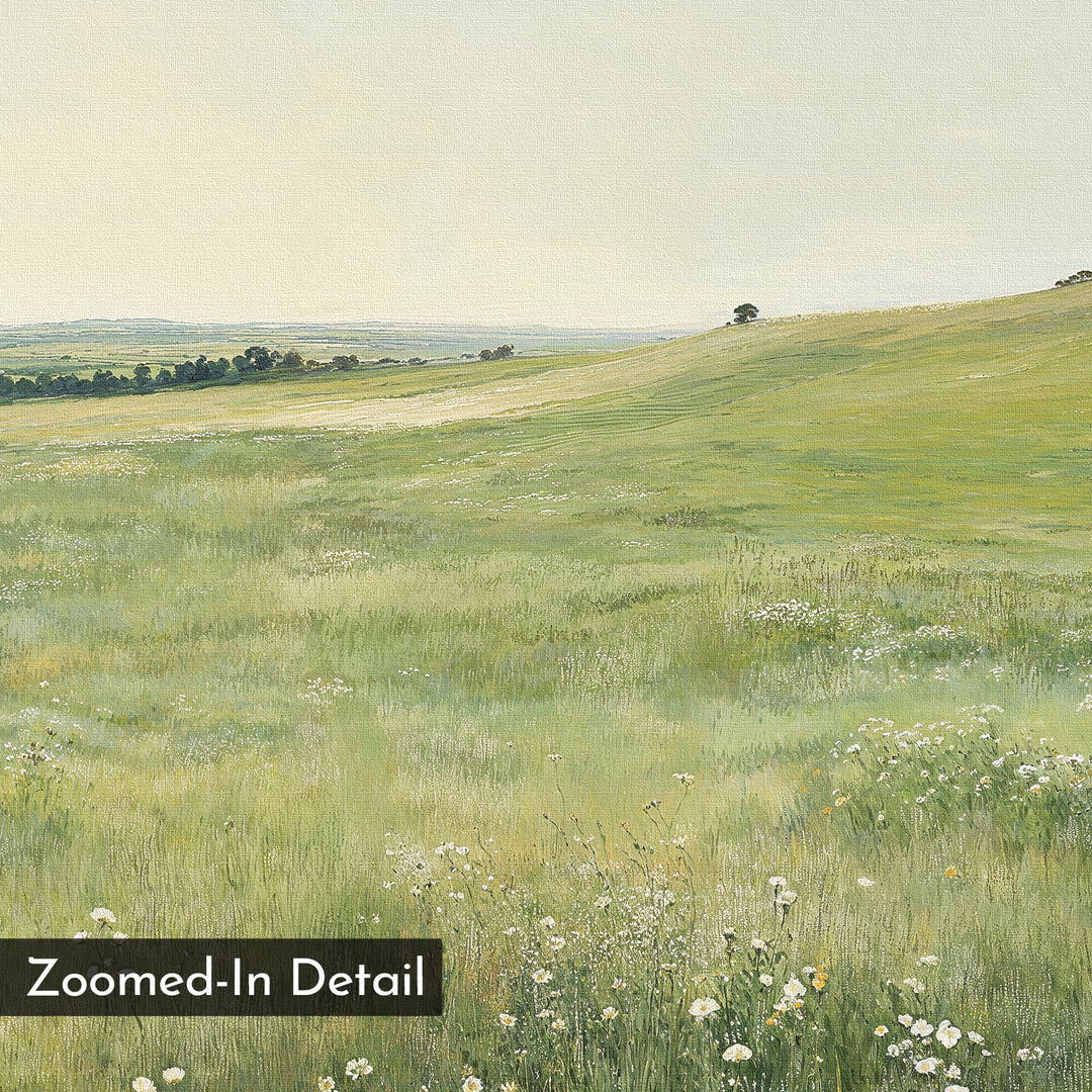 A close-up of painted grassy hills, wildflowers, and distant trees beneath a pale sky—ideal as a Floral Meadow Canvas Art print or set for living room decor. "Zoomed-In Detail" appears in the lower left corner.