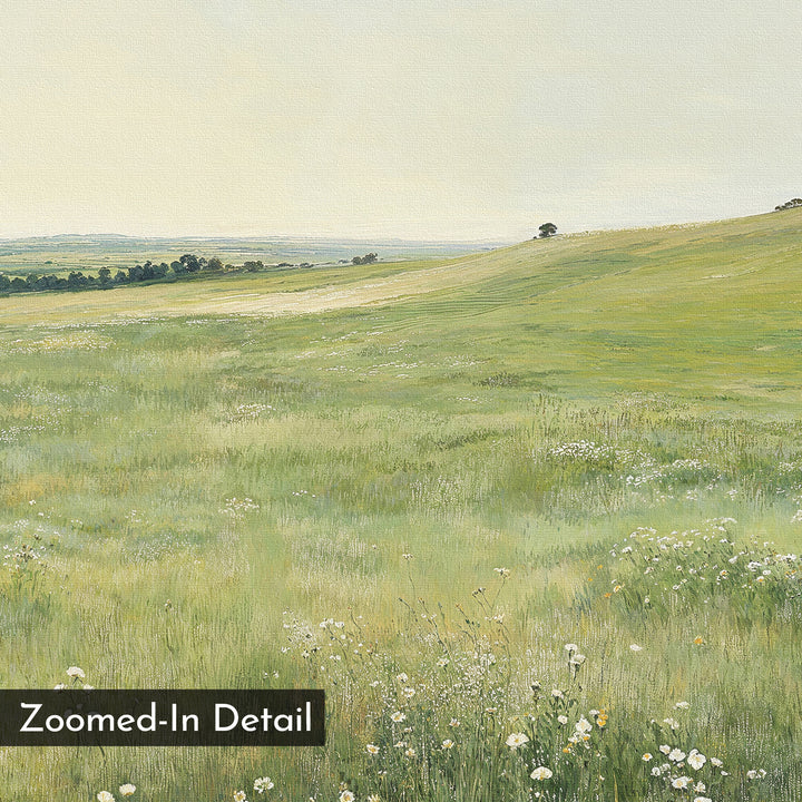 A close-up of painted grassy hills, wildflowers, and distant trees beneath a pale sky—ideal as a Floral Meadow Canvas Art print or set for living room decor. "Zoomed-In Detail" appears in the lower left corner.