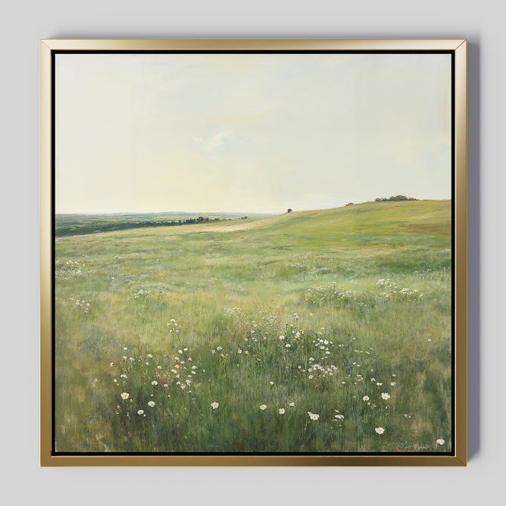 Floral Meadow Canvas Art features a sunlit green meadow with white wildflowers beneath a pale sky, extending to distant trees. Presented in a modern gold-colored frame, its ideal for brightening any living room decor.