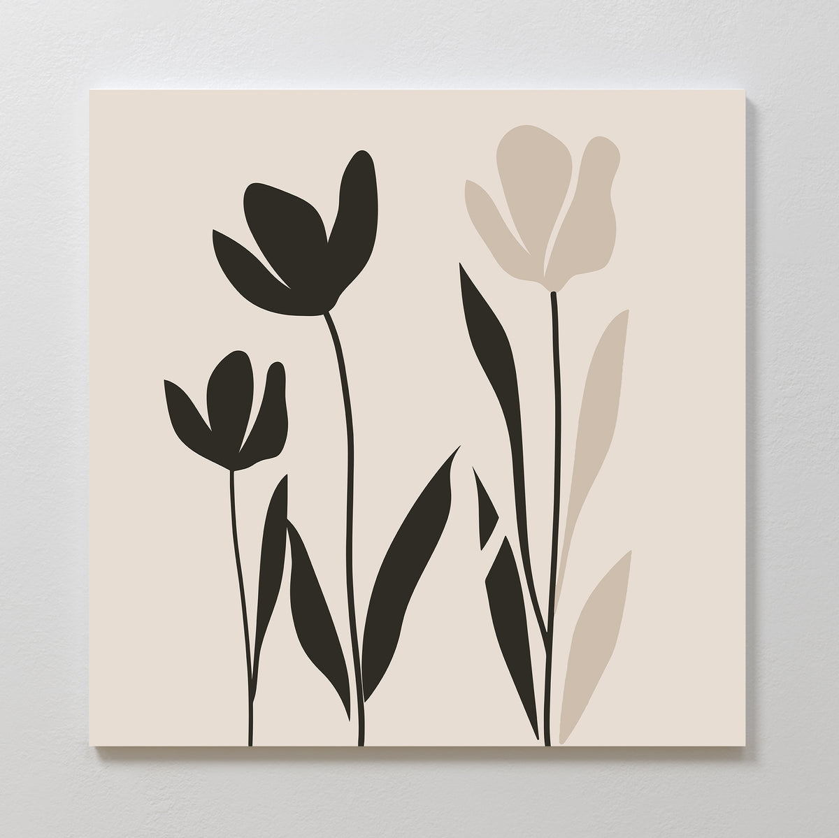 Floral Simplicity Canvas Art showcases three black and beige tulip-like flowers with long stems on a light background, creating a modern abstract botanical style—perfect for vintage-inspired decor.