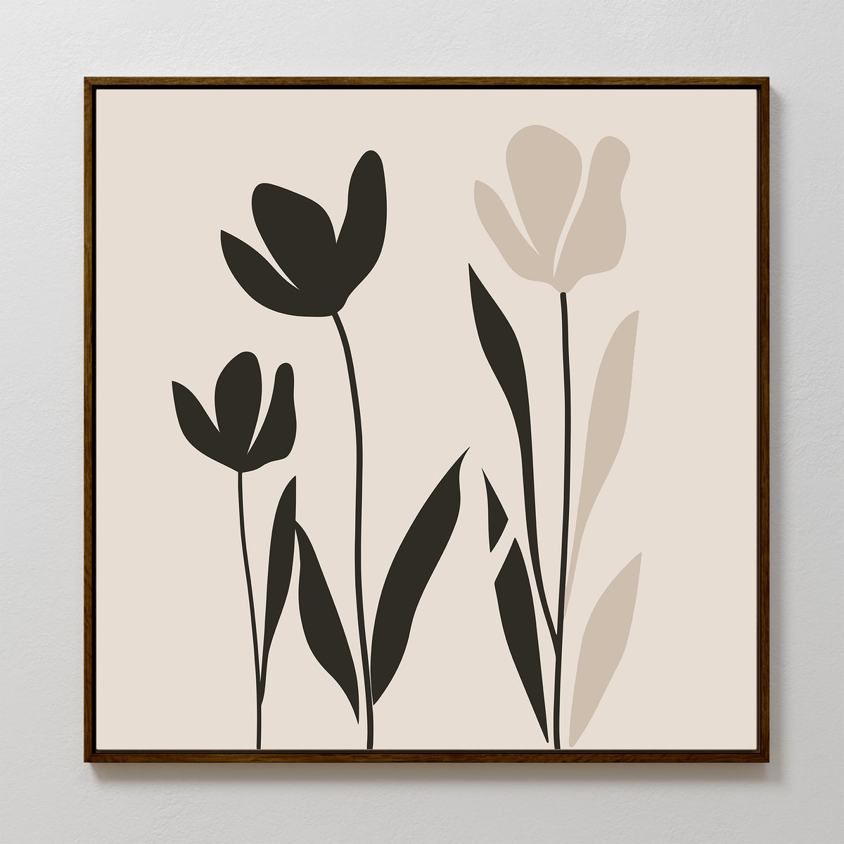 Floral Simplicity Canvas Art showcases three tulip-style flowers with long leaves in black and beige silhouettes on a light background, framed by a slim dark wood border—ideal for vintage-inspired decor.